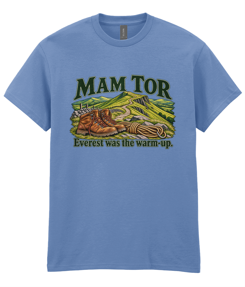 Front view of the Uphill Society Mam Tor – Everest Was the Warm-Up T-Shirt, featuring walking boots and a Mam Tor landscape with Everest was the warm-up lettering.