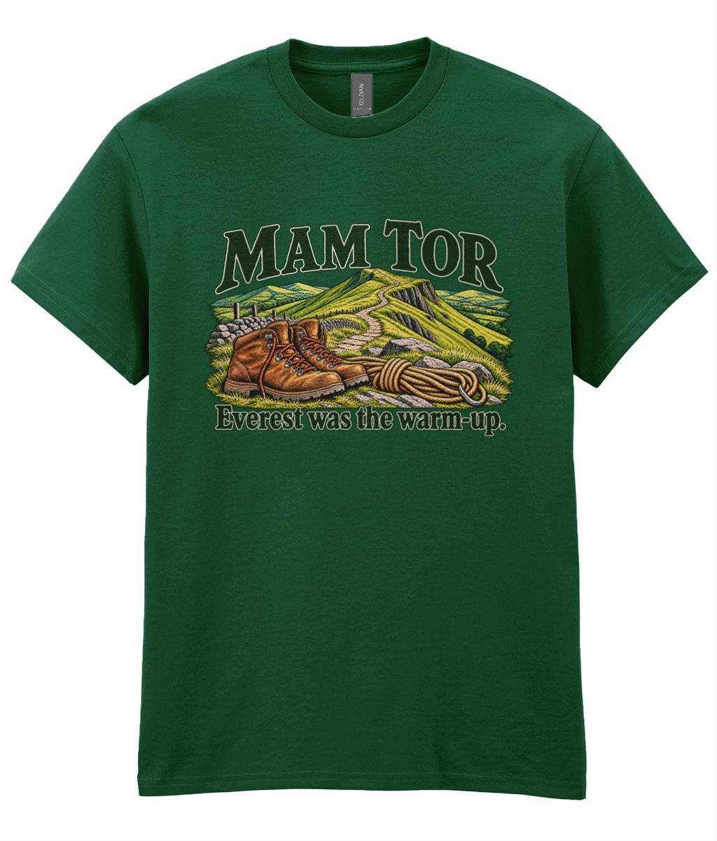 Front view of the Uphill Society Mam Tor – Everest Was the Warm-Up T-Shirt, featuring walking boots and a Mam Tor landscape with Everest was the warm-up lettering.