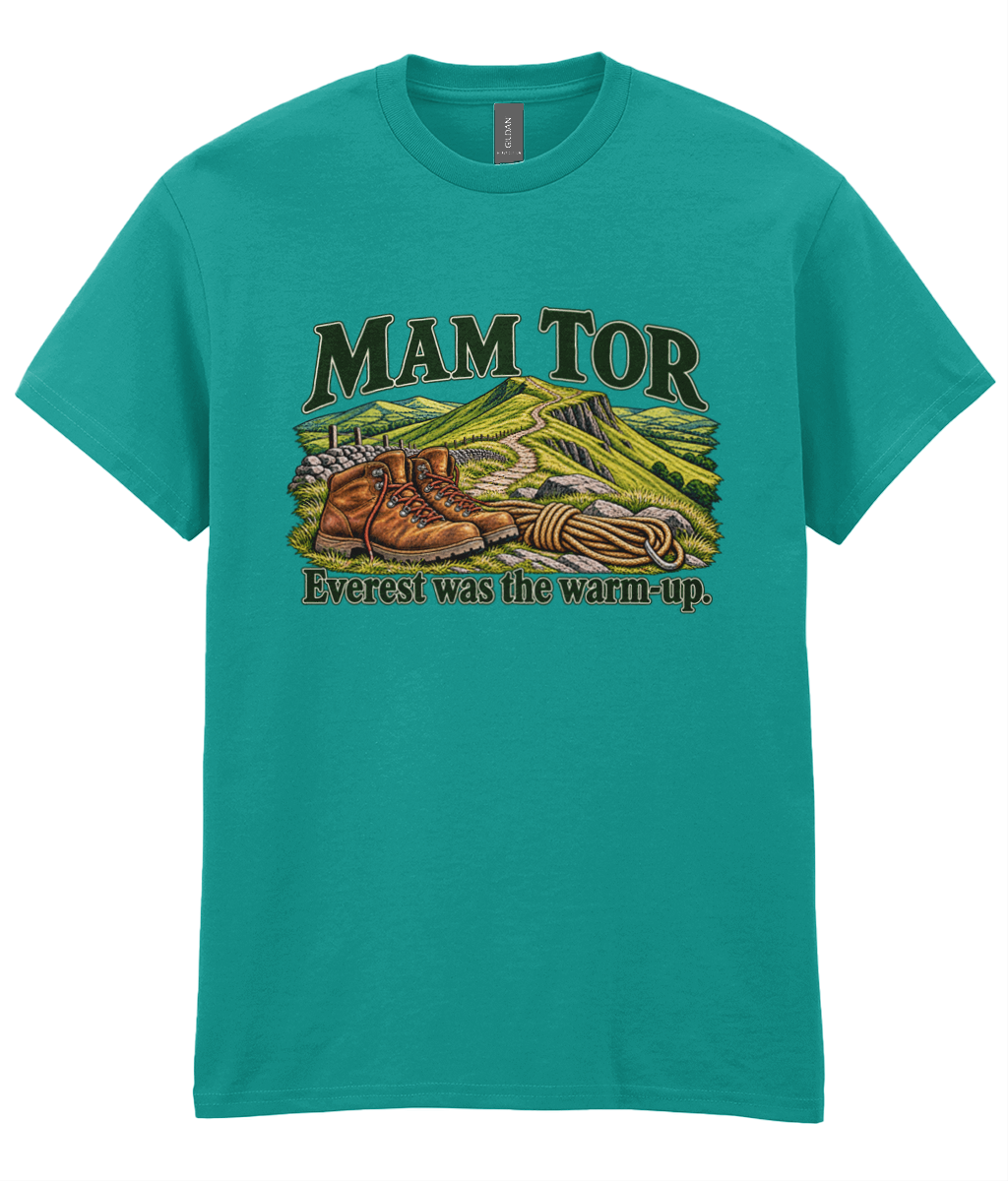 Front view of the Uphill Society Mam Tor – Everest Was the Warm-Up T-Shirt, featuring walking boots and a Mam Tor landscape with Everest was the warm-up lettering.