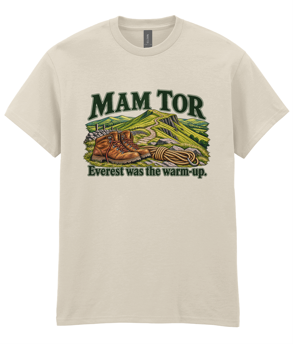 Front view of the Uphill Society Mam Tor – Everest Was the Warm-Up T-Shirt, featuring walking boots and a Mam Tor landscape with Everest was the warm-up lettering.