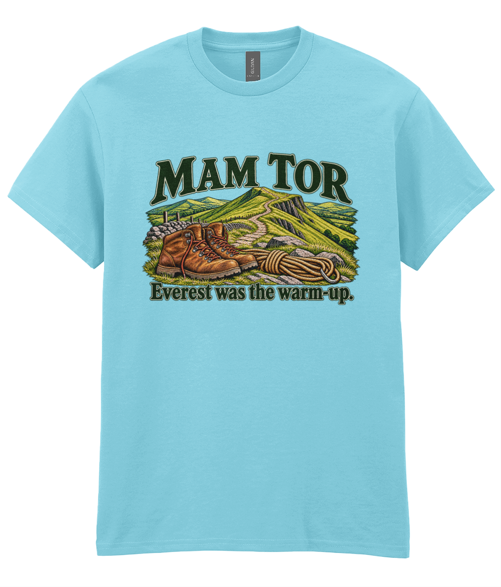 Front view of the Uphill Society Mam Tor – Everest Was the Warm-Up T-Shirt, featuring walking boots and a Mam Tor landscape with Everest was the warm-up lettering.