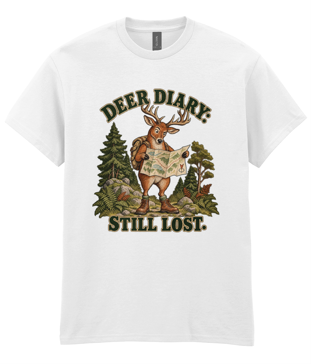 Front view of the Uphill Society Deer Diary T-Shirt, featuring deer holding a map in woodland with Deer Diary Still Lost lettering.