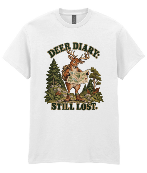 Front view of the Uphill Society Deer Diary T-Shirt, featuring deer holding a map in woodland with Deer Diary Still Lost lettering.