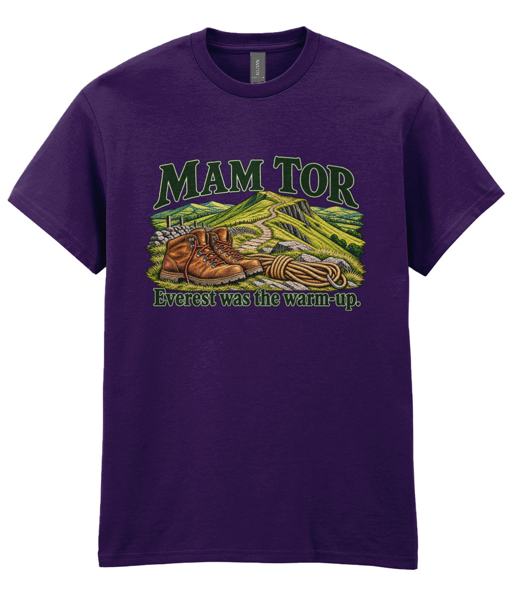 Front view of the Uphill Society Mam Tor – Everest Was the Warm-Up T-Shirt, featuring walking boots and a Mam Tor landscape with Everest was the warm-up lettering.