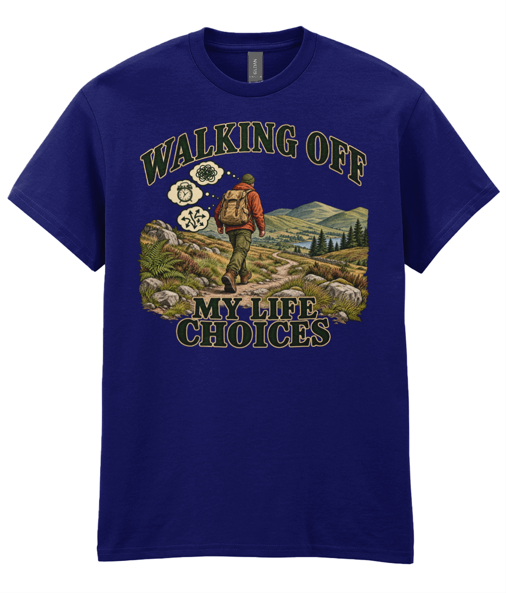 Front view of the Uphill Society Walking Off My Life Choices T-Shirt, featuring backpacked hiker in rolling countryside with Walking Off My Life Choices lettering.