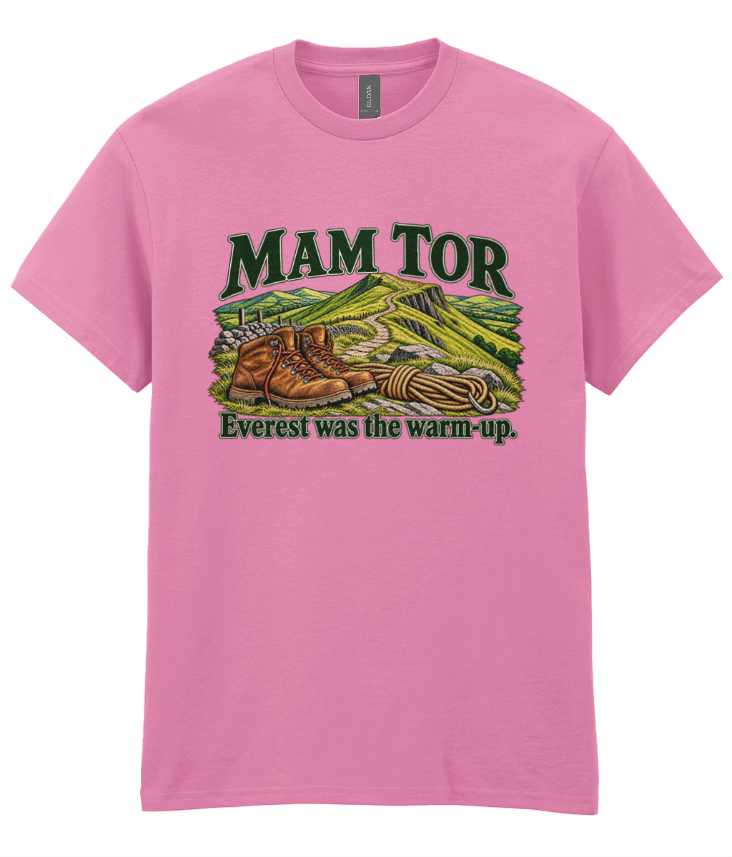Front view of the Uphill Society Mam Tor – Everest Was the Warm-Up T-Shirt, featuring walking boots and a Mam Tor landscape with Everest was the warm-up lettering.