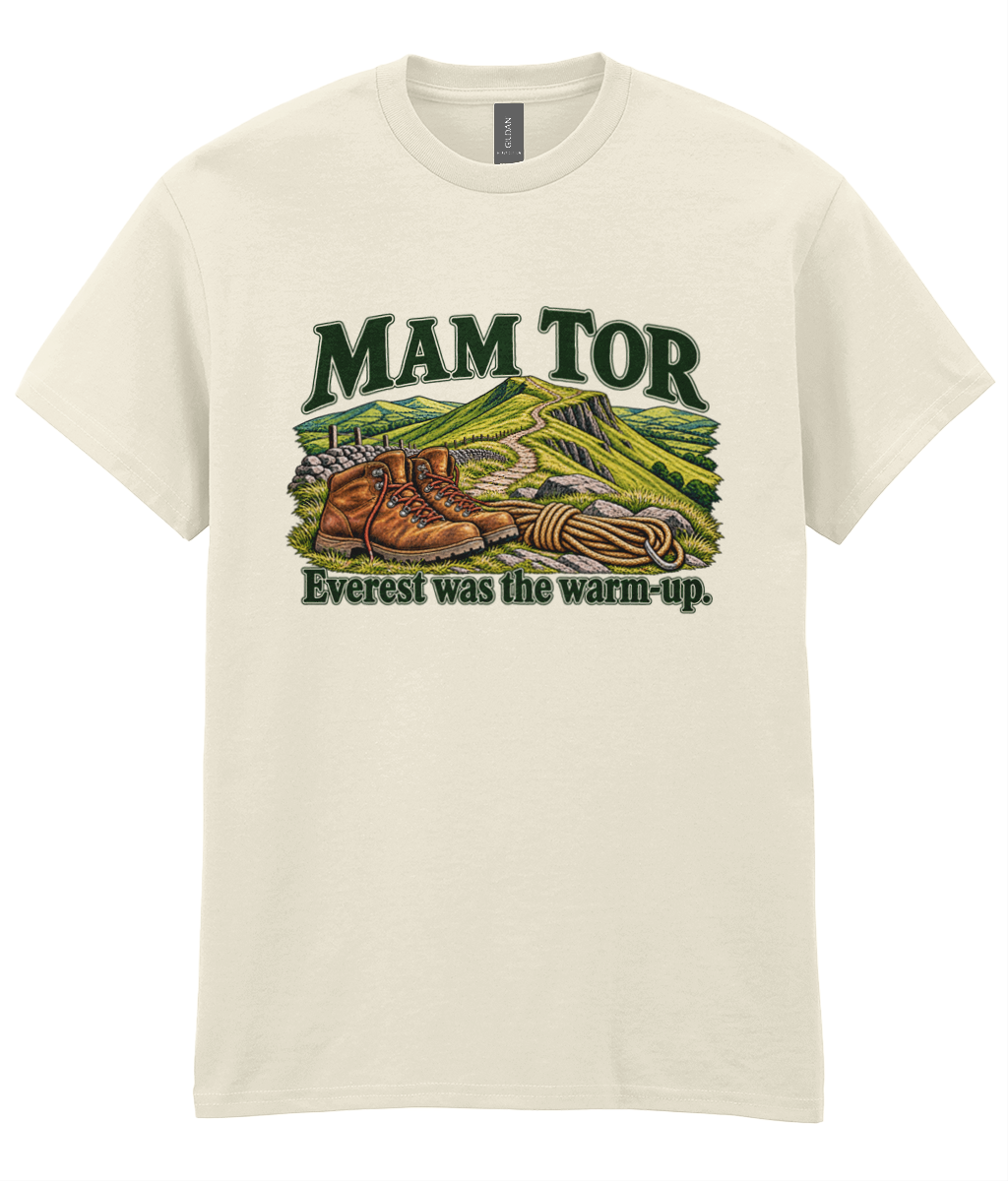 Front view of the Uphill Society Mam Tor – Everest Was the Warm-Up T-Shirt, featuring walking boots and a Mam Tor landscape with Everest was the warm-up lettering.