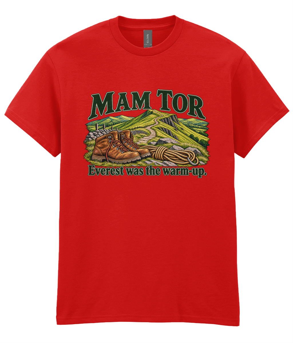 Front view of the Uphill Society Mam Tor – Everest Was the Warm-Up T-Shirt, featuring walking boots and a Mam Tor landscape with Everest was the warm-up lettering.