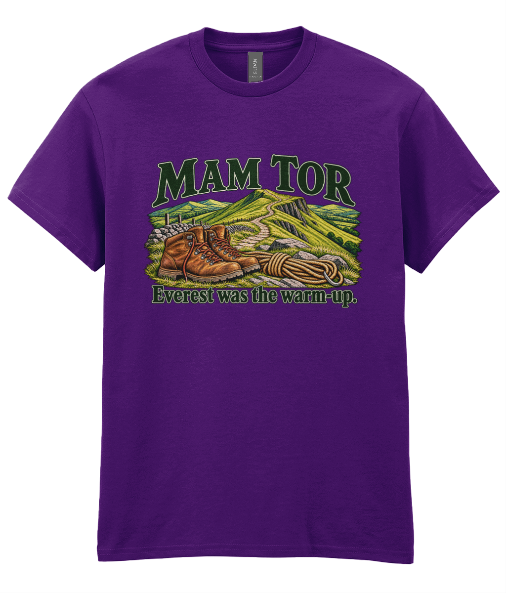 Front view of the Uphill Society Mam Tor – Everest Was the Warm-Up T-Shirt, featuring walking boots and a Mam Tor landscape with Everest was the warm-up lettering.