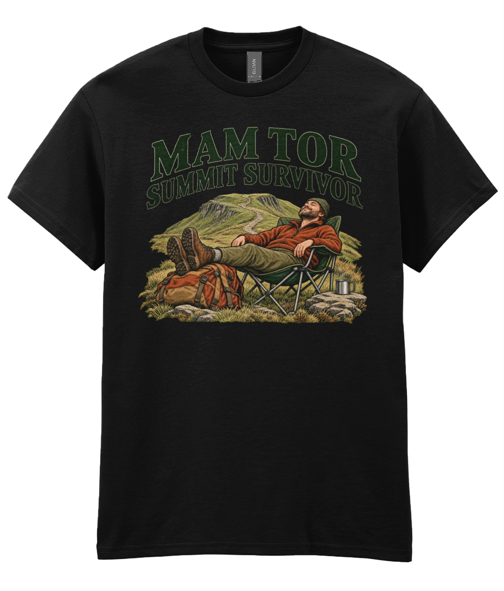 Front view of the Uphill Society Mam Tor Summit Survivor T-Shirt, featuring resting hiker in a camping chair with Mam Tor Summit Survivor lettering.