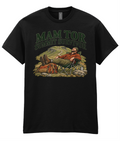 Front view of the Uphill Society Mam Tor Summit Survivor T-Shirt, featuring resting hiker in a camping chair with Mam Tor Summit Survivor lettering.