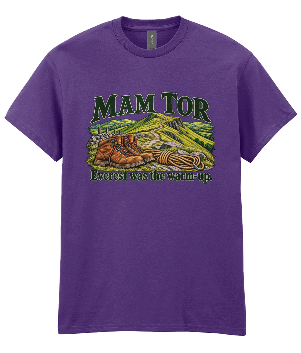 Front view of the Uphill Society Mam Tor – Everest Was the Warm-Up T-Shirt, featuring walking boots and a Mam Tor landscape with Everest was the warm-up lettering.