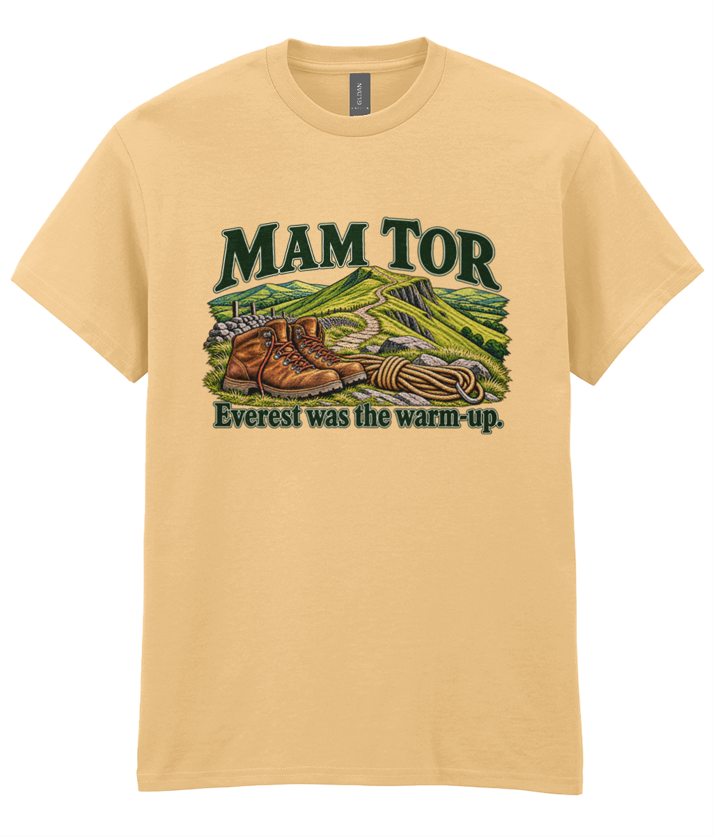 Front view of the Uphill Society Mam Tor – Everest Was the Warm-Up T-Shirt, featuring walking boots and a Mam Tor landscape with Everest was the warm-up lettering.