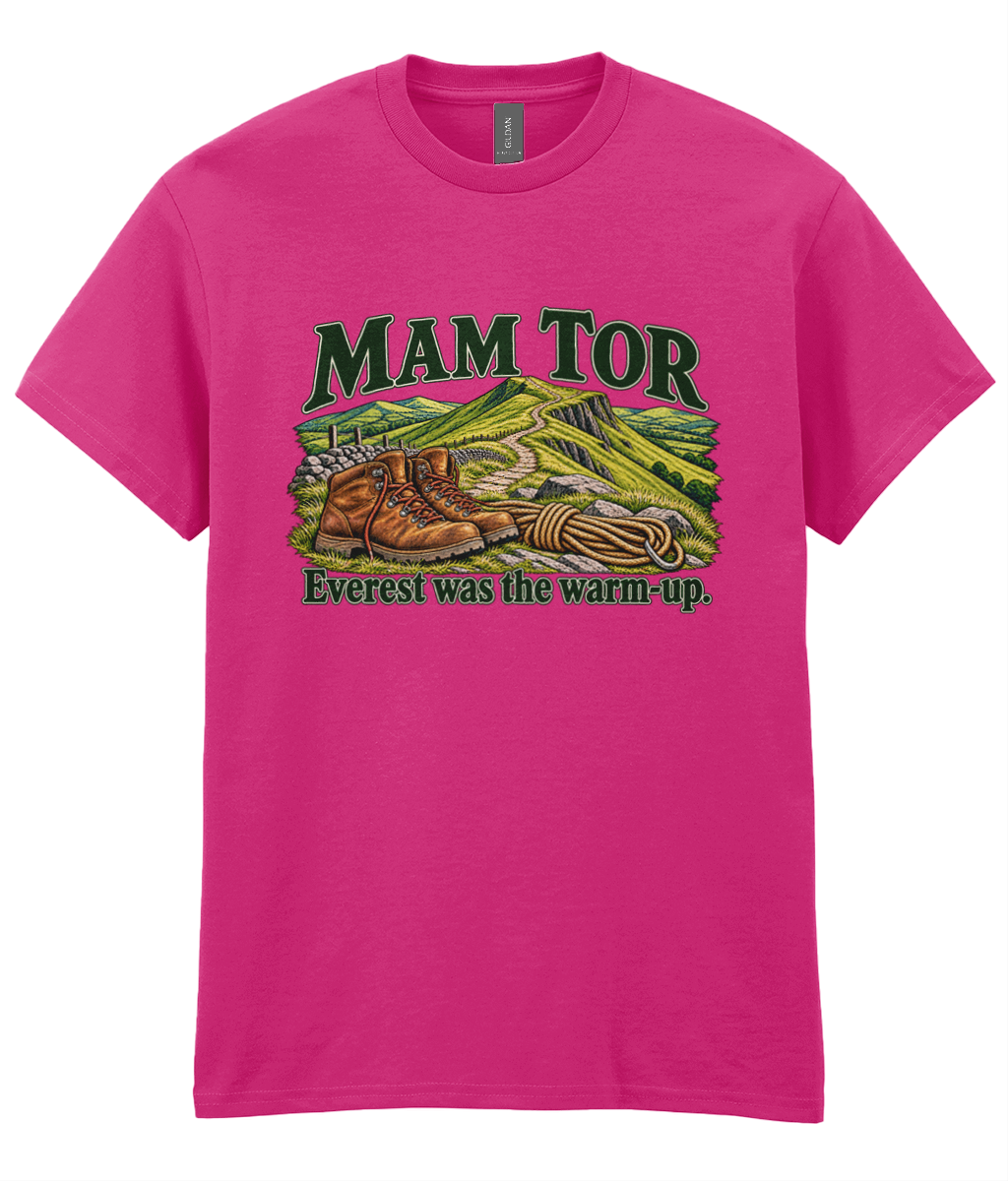 Front view of the Uphill Society Mam Tor – Everest Was the Warm-Up T-Shirt, featuring walking boots and a Mam Tor landscape with Everest was the warm-up lettering.