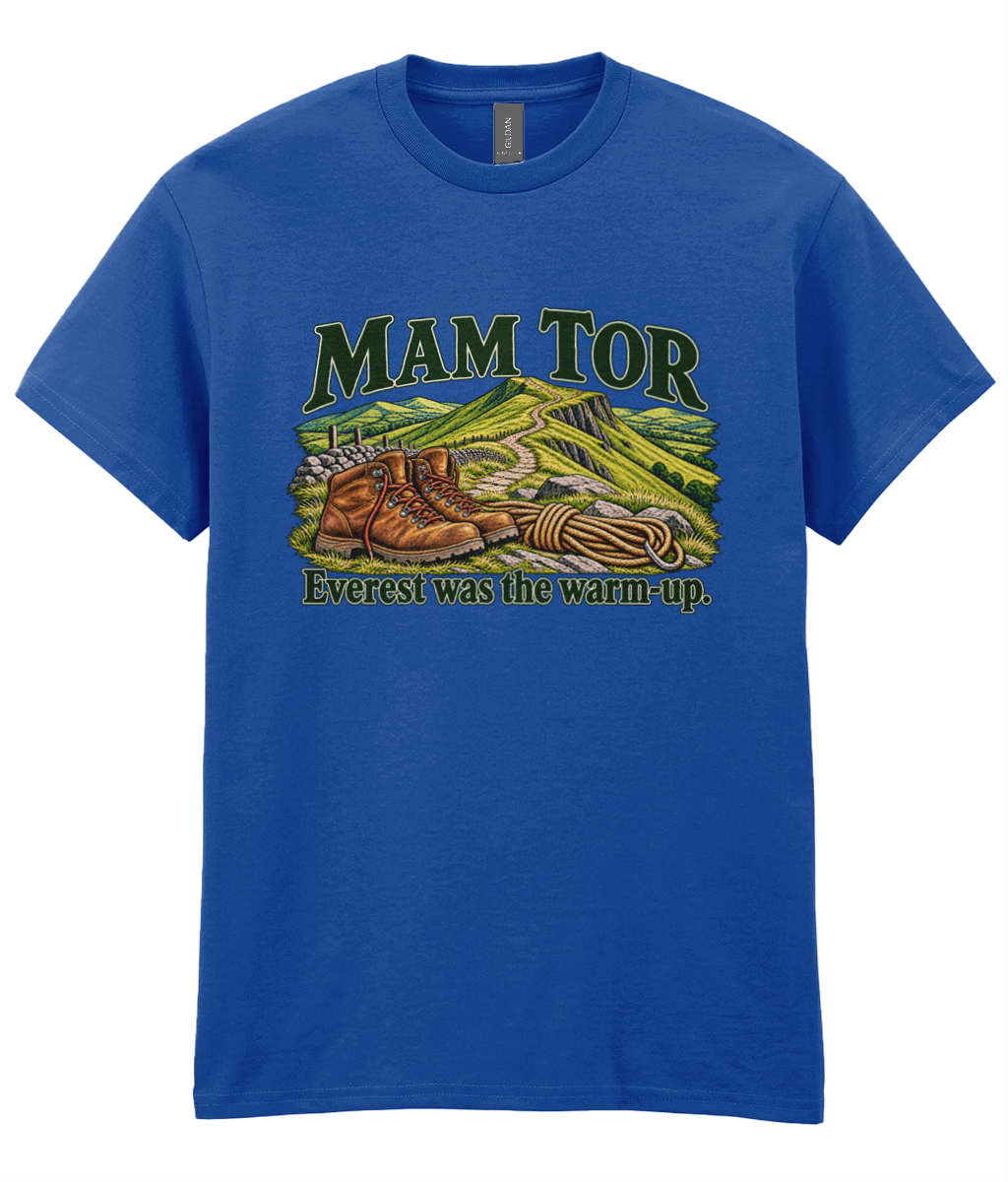 Front view of the Uphill Society Mam Tor – Everest Was the Warm-Up T-Shirt, featuring walking boots and a Mam Tor landscape with Everest was the warm-up lettering.