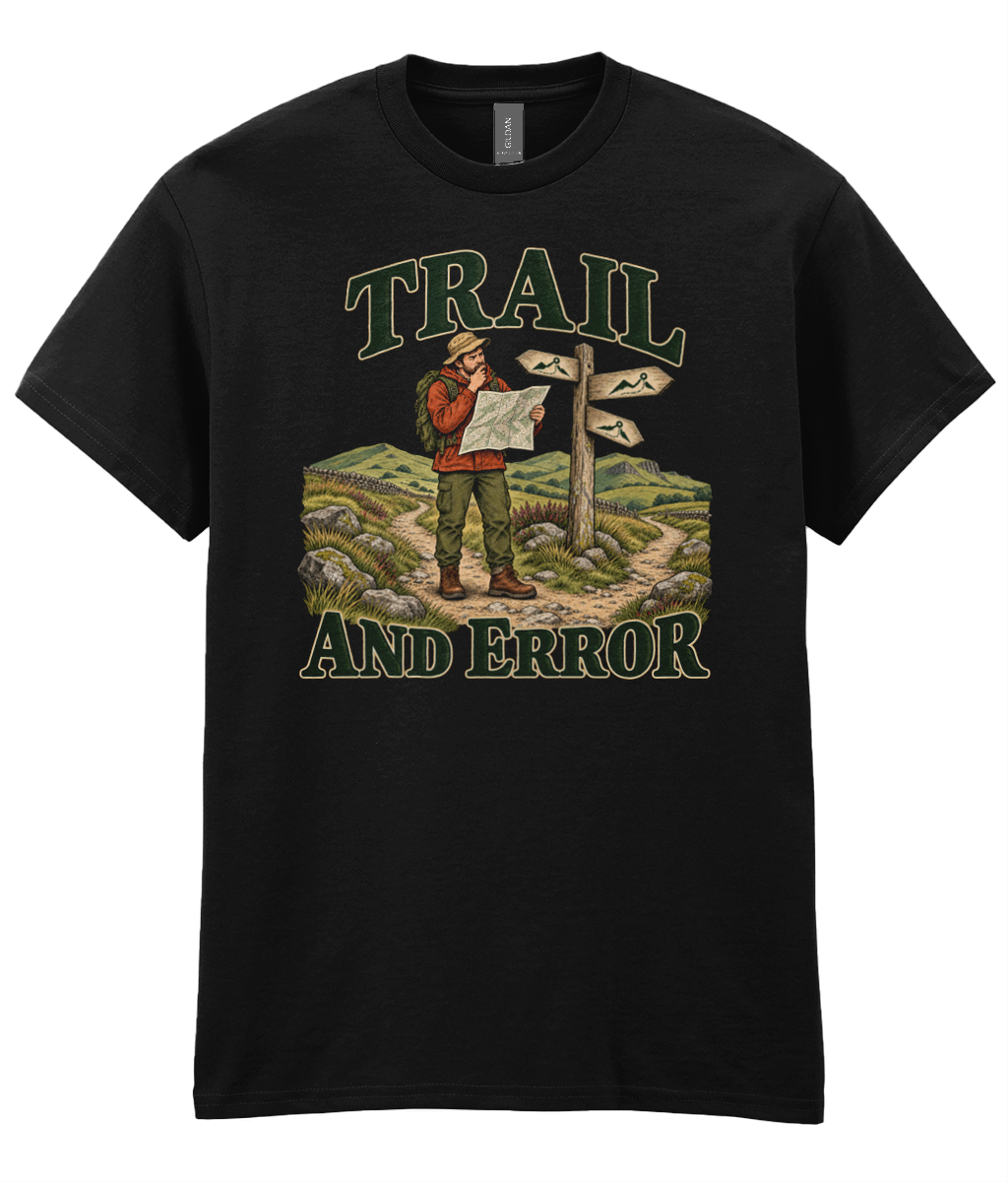 Front view of the Uphill Society Trail and Error T-Shirt, featuring hiker reading a trail sign with Trail and Error lettering.