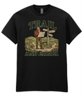 Front view of the Uphill Society Trail and Error T-Shirt, featuring hiker reading a trail sign with Trail and Error lettering.
