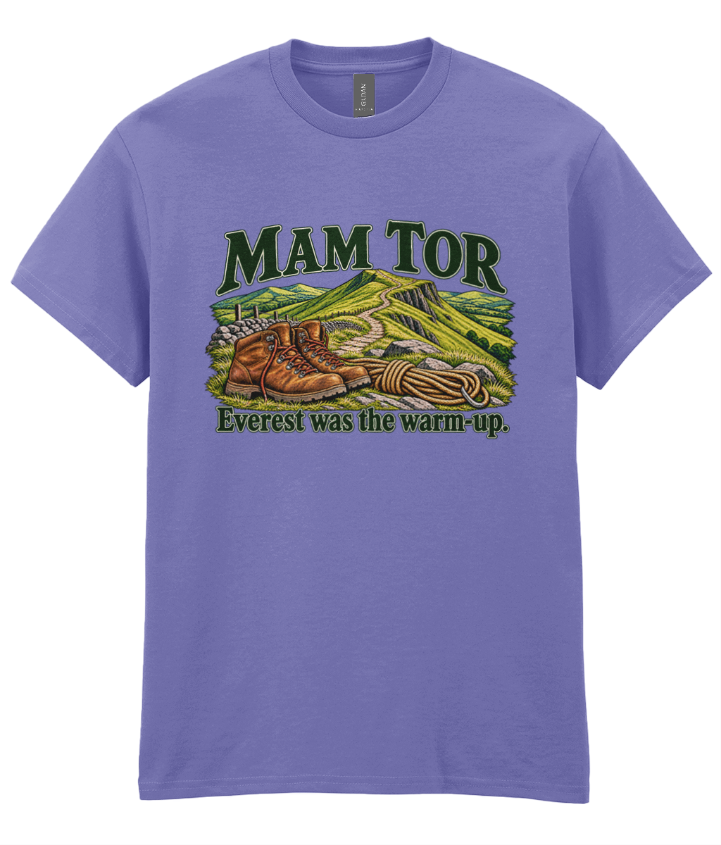 Front view of the Uphill Society Mam Tor – Everest Was the Warm-Up T-Shirt, featuring walking boots and a Mam Tor landscape with Everest was the warm-up lettering.