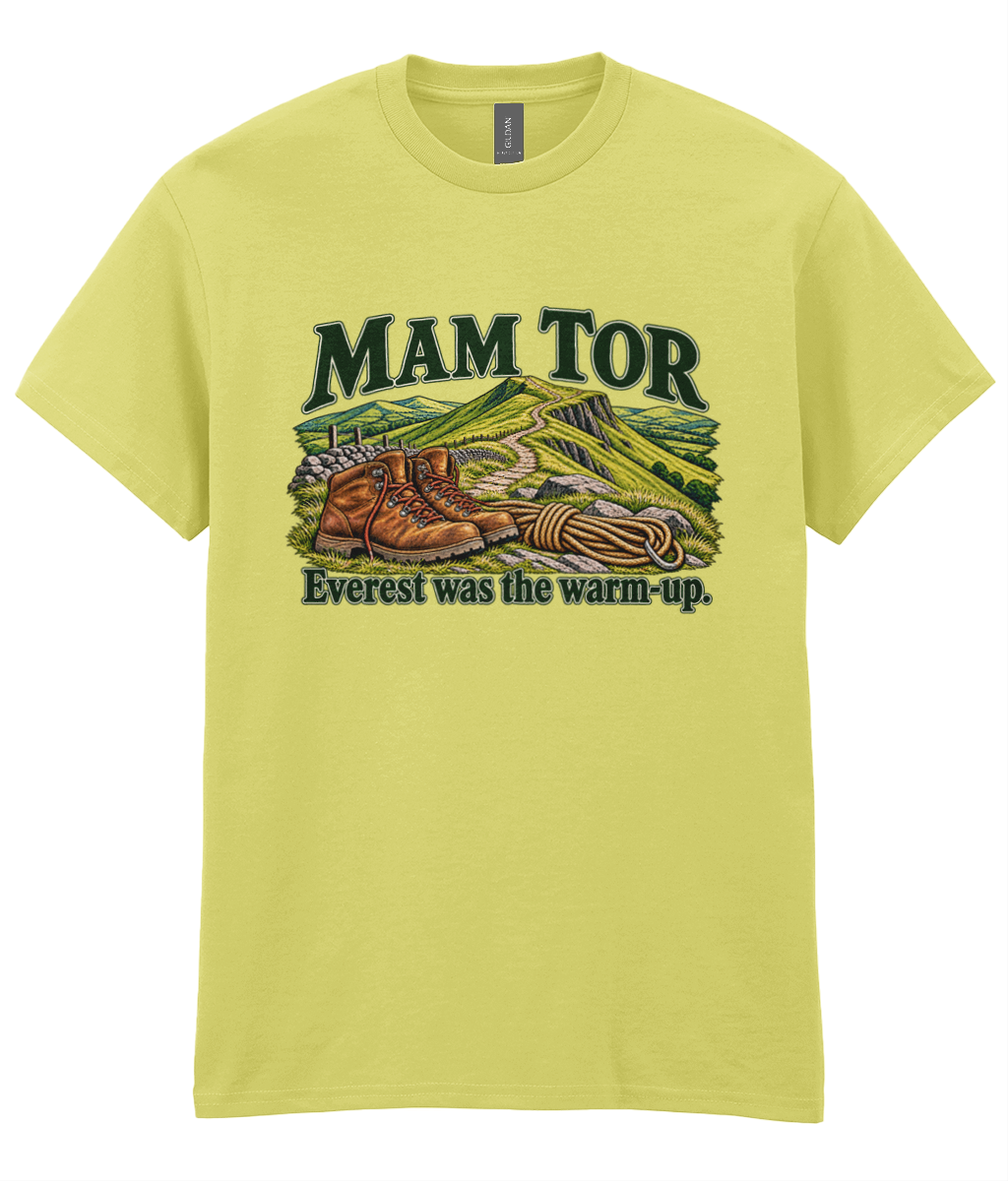 Front view of the Uphill Society Mam Tor – Everest Was the Warm-Up T-Shirt, featuring walking boots and a Mam Tor landscape with Everest was the warm-up lettering.