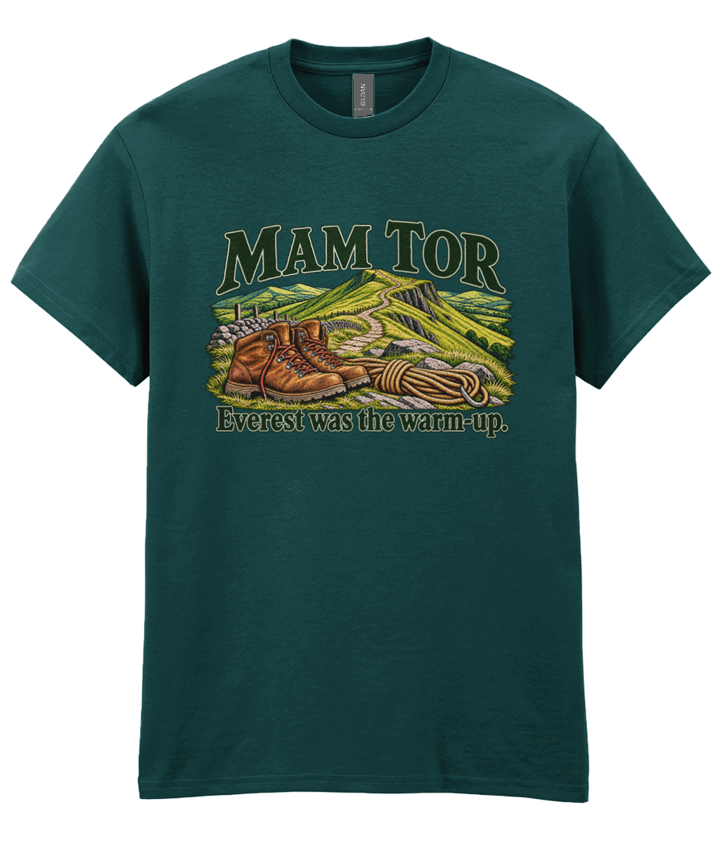 Front view of the Uphill Society Mam Tor – Everest Was the Warm-Up T-Shirt, featuring walking boots and a Mam Tor landscape with Everest was the warm-up lettering.