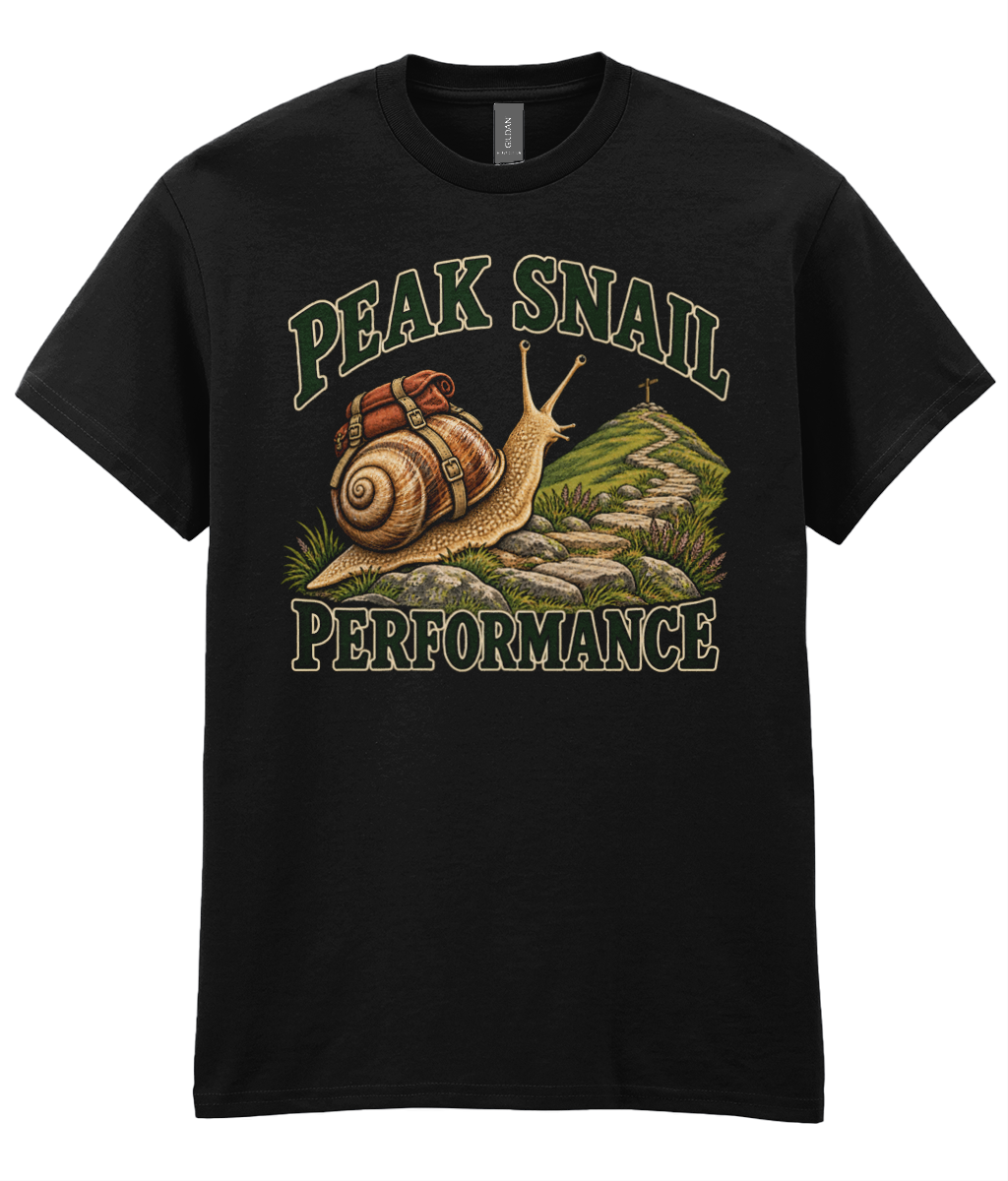 Front view of the Uphill Society Peak Snail Performance T-Shirt, featuring snail on a hillside path with Peak Snail Performance lettering.