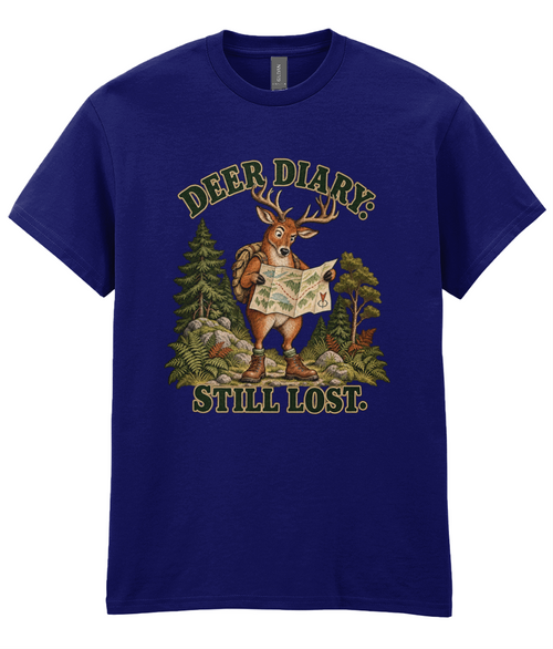 Front view of the Uphill Society Deer Diary T-Shirt, featuring deer holding a map in woodland with Deer Diary Still Lost lettering.