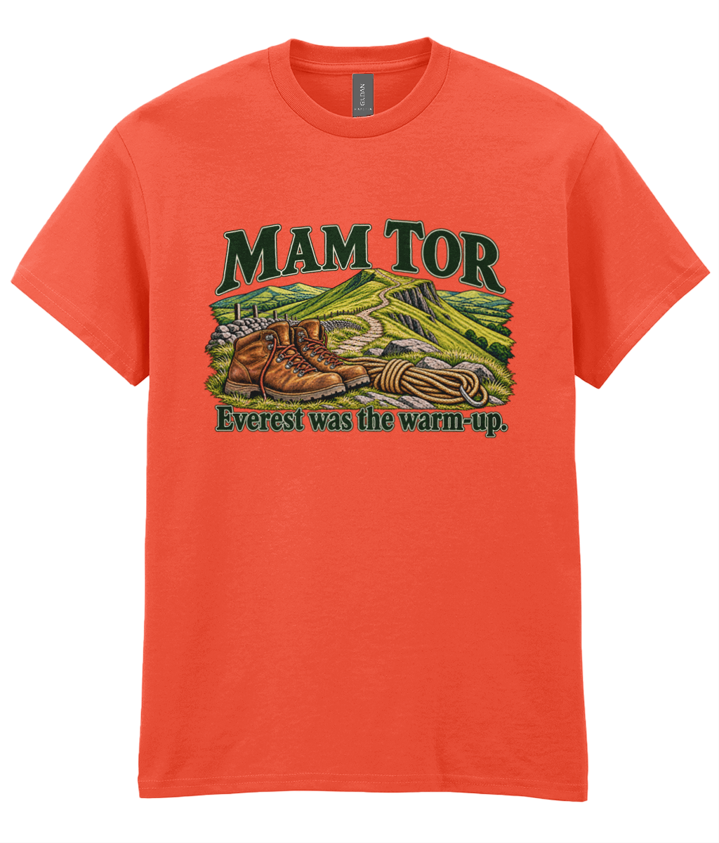 Front view of the Uphill Society Mam Tor – Everest Was the Warm-Up T-Shirt, featuring walking boots and a Mam Tor landscape with Everest was the warm-up lettering.
