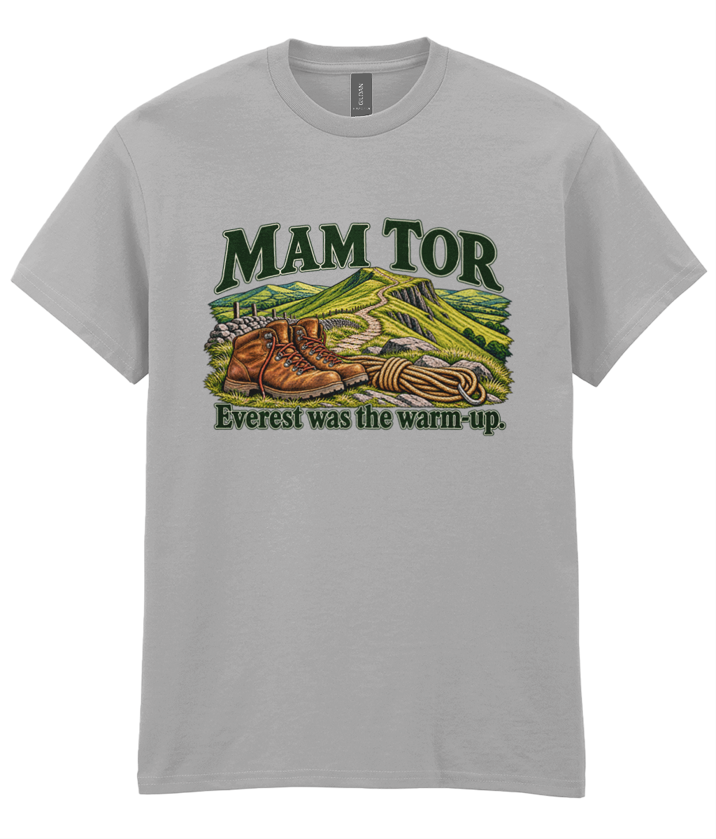 Front view of the Uphill Society Mam Tor – Everest Was the Warm-Up T-Shirt, featuring walking boots and a Mam Tor landscape with Everest was the warm-up lettering.