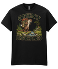 Front view of the Uphill Society Otterly Unprepared T-Shirt, featuring otter wearing a hiking backpack in woodland with Otterly Unprepared lettering.