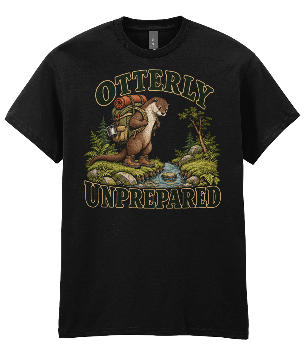 Front view of the Uphill Society Otterly Unprepared T-Shirt, featuring otter wearing a hiking backpack in woodland with Otterly Unprepared lettering.