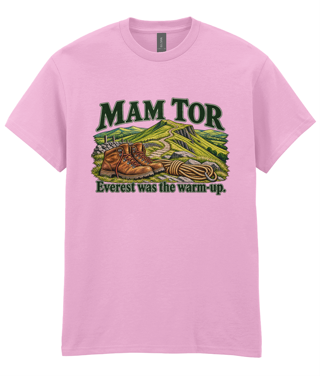 Front view of the Uphill Society Mam Tor – Everest Was the Warm-Up T-Shirt, featuring walking boots and a Mam Tor landscape with Everest was the warm-up lettering.