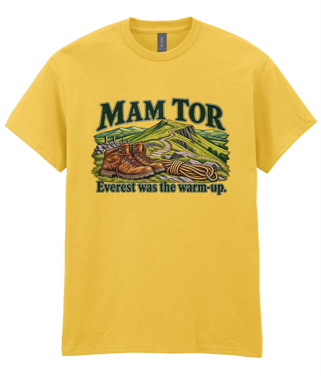 Front view of the Uphill Society Mam Tor – Everest Was the Warm-Up T-Shirt, featuring walking boots and a Mam Tor landscape with Everest was the warm-up lettering.