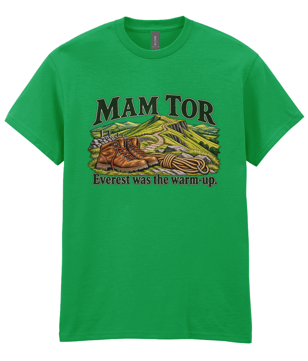 Front view of the Uphill Society Mam Tor – Everest Was the Warm-Up T-Shirt, featuring walking boots and a Mam Tor landscape with Everest was the warm-up lettering.