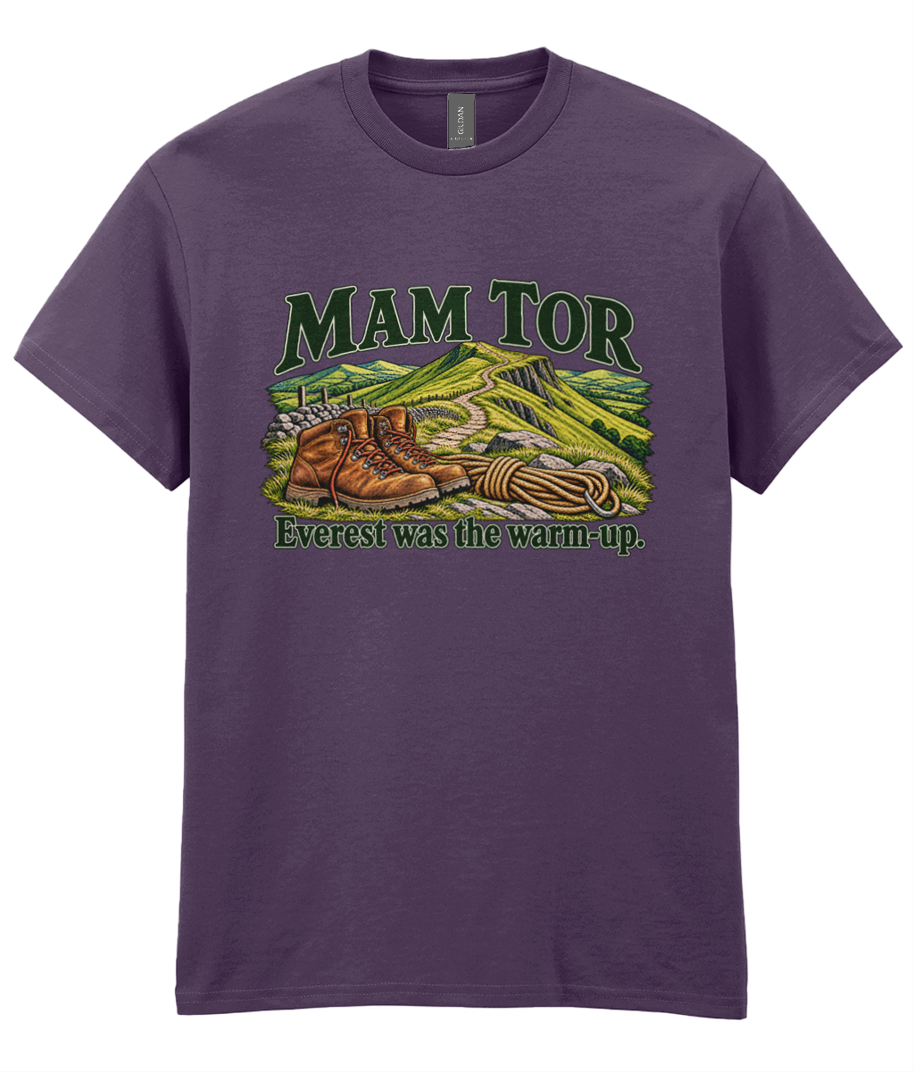 Front view of the Uphill Society Mam Tor – Everest Was the Warm-Up T-Shirt, featuring walking boots and a Mam Tor landscape with Everest was the warm-up lettering.