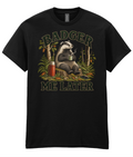 Front view of the Uphill Society Badger Me Later T-Shirt, featuring badger sitting in woodland with a mug and flask.