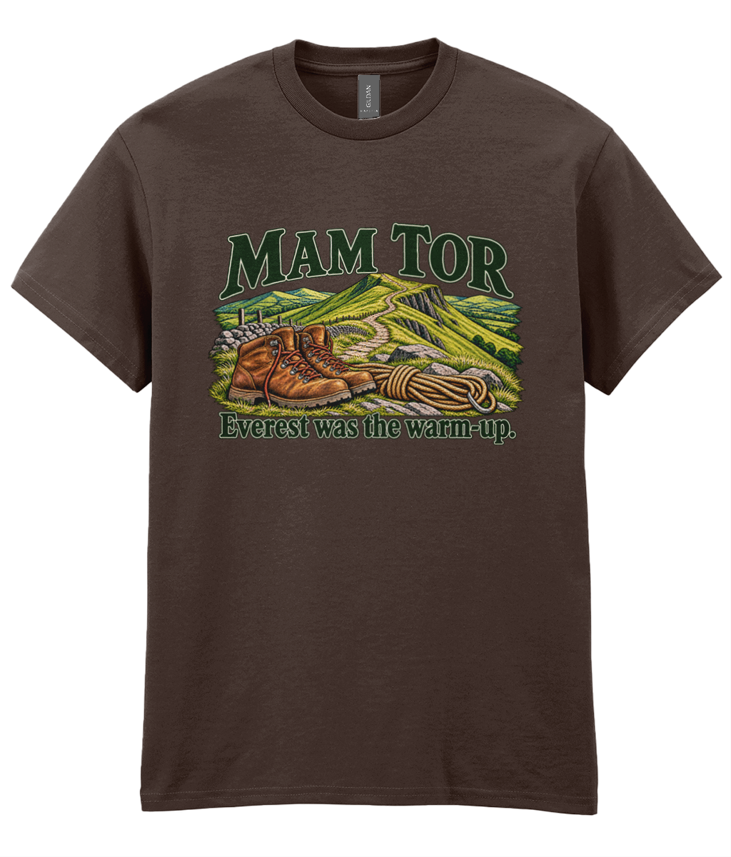Front view of the Uphill Society Mam Tor – Everest Was the Warm-Up T-Shirt, featuring walking boots and a Mam Tor landscape with Everest was the warm-up lettering.