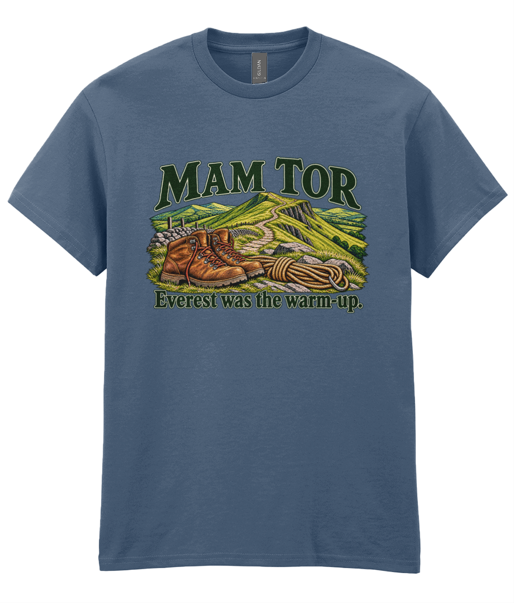 Front view of the Uphill Society Mam Tor – Everest Was the Warm-Up T-Shirt, featuring walking boots and a Mam Tor landscape with Everest was the warm-up lettering.