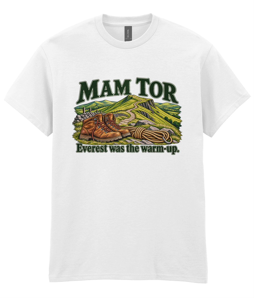 Front view of the Uphill Society Mam Tor – Everest Was the Warm-Up T-Shirt, featuring walking boots and a Mam Tor landscape with Everest was the warm-up lettering.