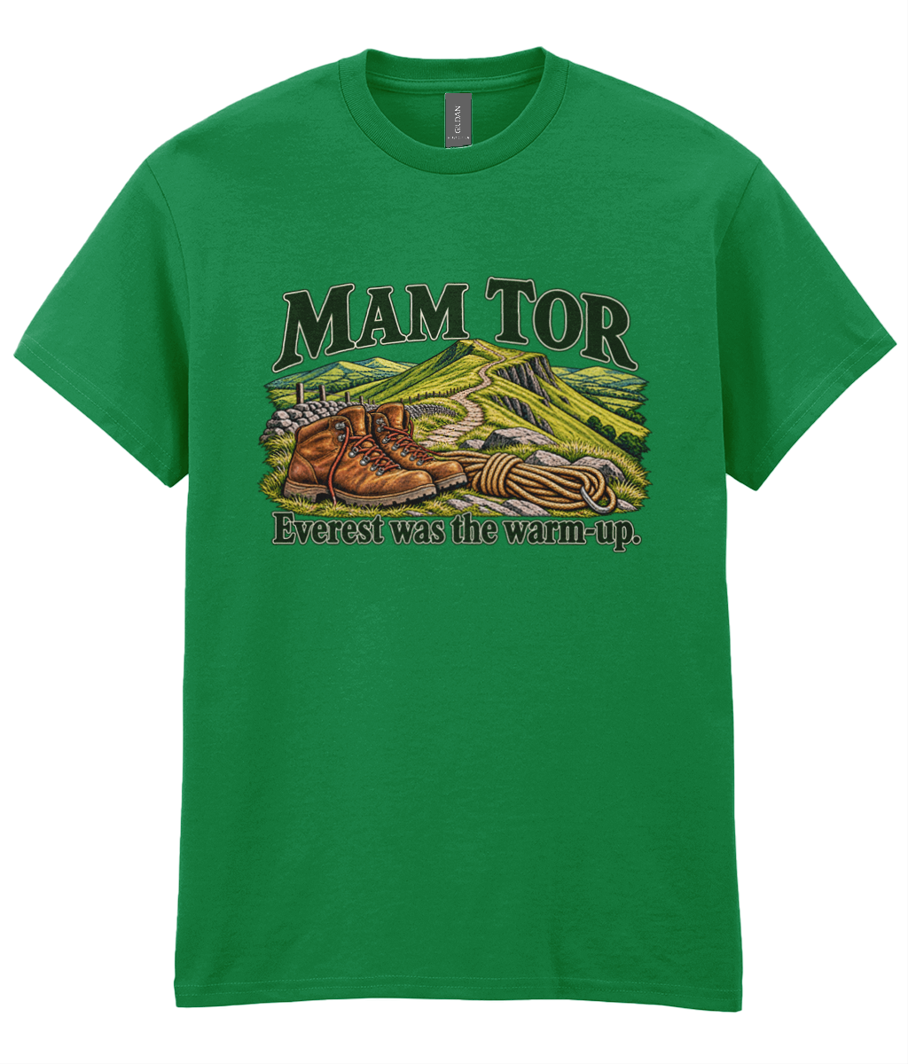 Front view of the Uphill Society Mam Tor – Everest Was the Warm-Up T-Shirt, featuring walking boots and a Mam Tor landscape with Everest was the warm-up lettering.