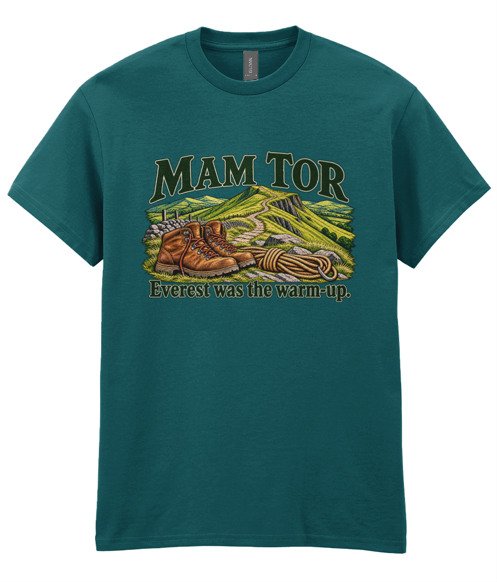 Front view of the Uphill Society Mam Tor – Everest Was the Warm-Up T-Shirt, featuring walking boots and a Mam Tor landscape with Everest was the warm-up lettering.