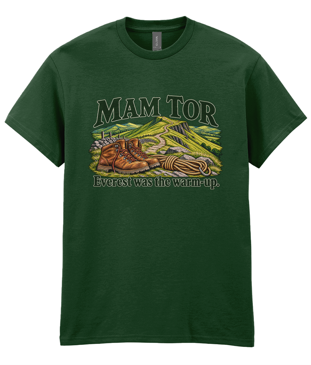 Front view of the Uphill Society Mam Tor – Everest Was the Warm-Up T-Shirt, featuring walking boots and a Mam Tor landscape with Everest was the warm-up lettering.