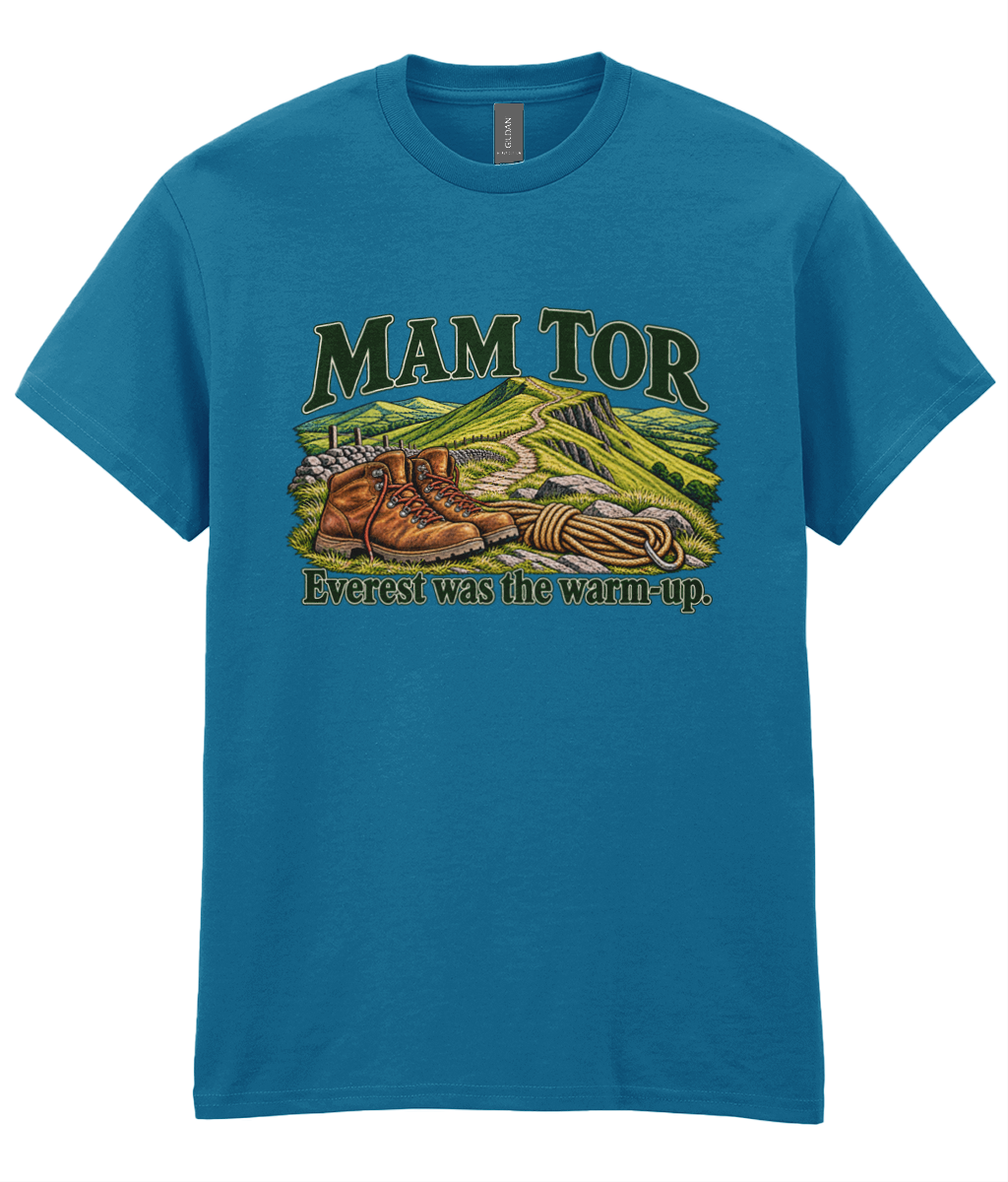 Front view of the Uphill Society Mam Tor – Everest Was the Warm-Up T-Shirt, featuring walking boots and a Mam Tor landscape with Everest was the warm-up lettering.