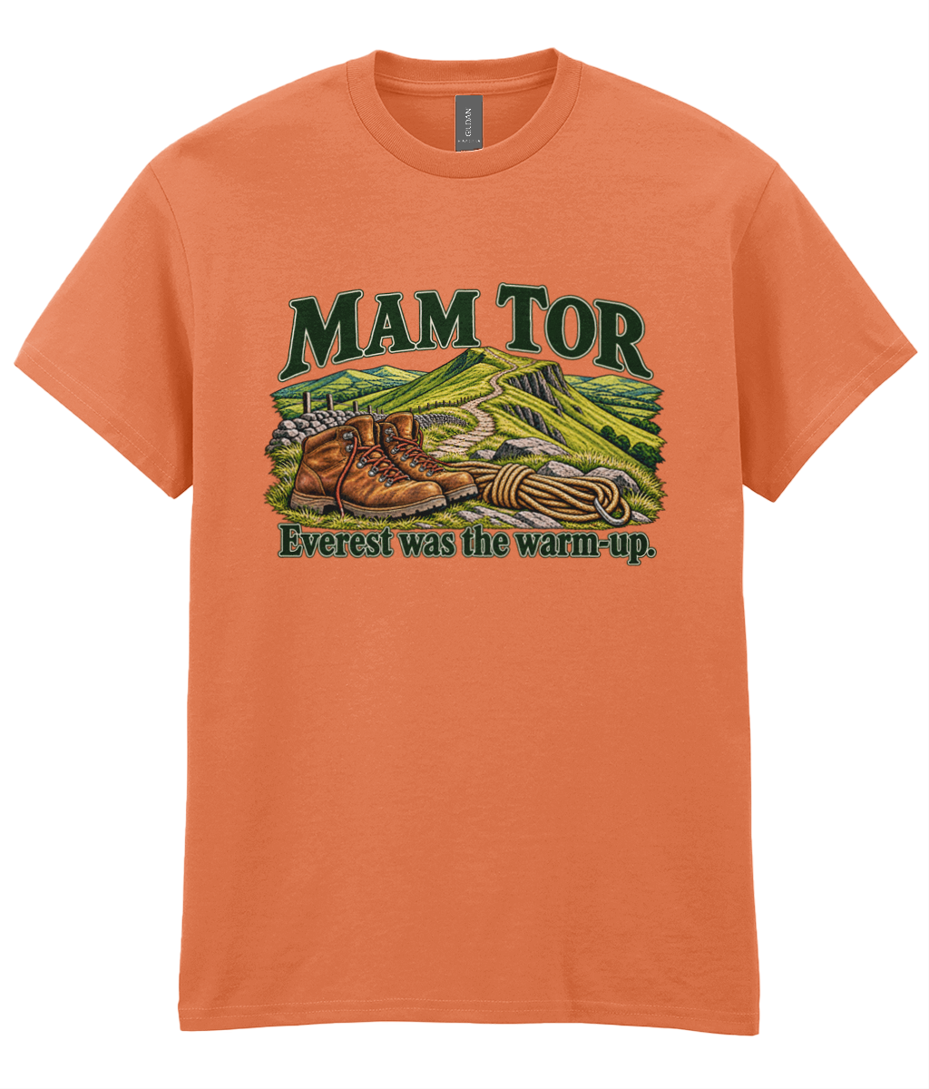 Front view of the Uphill Society Mam Tor – Everest Was the Warm-Up T-Shirt, featuring walking boots and a Mam Tor landscape with Everest was the warm-up lettering.
