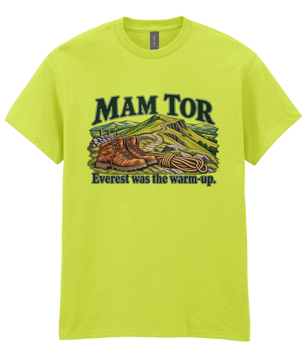 Front view of the Uphill Society Mam Tor – Everest Was the Warm-Up T-Shirt, featuring walking boots and a Mam Tor landscape with Everest was the warm-up lettering.