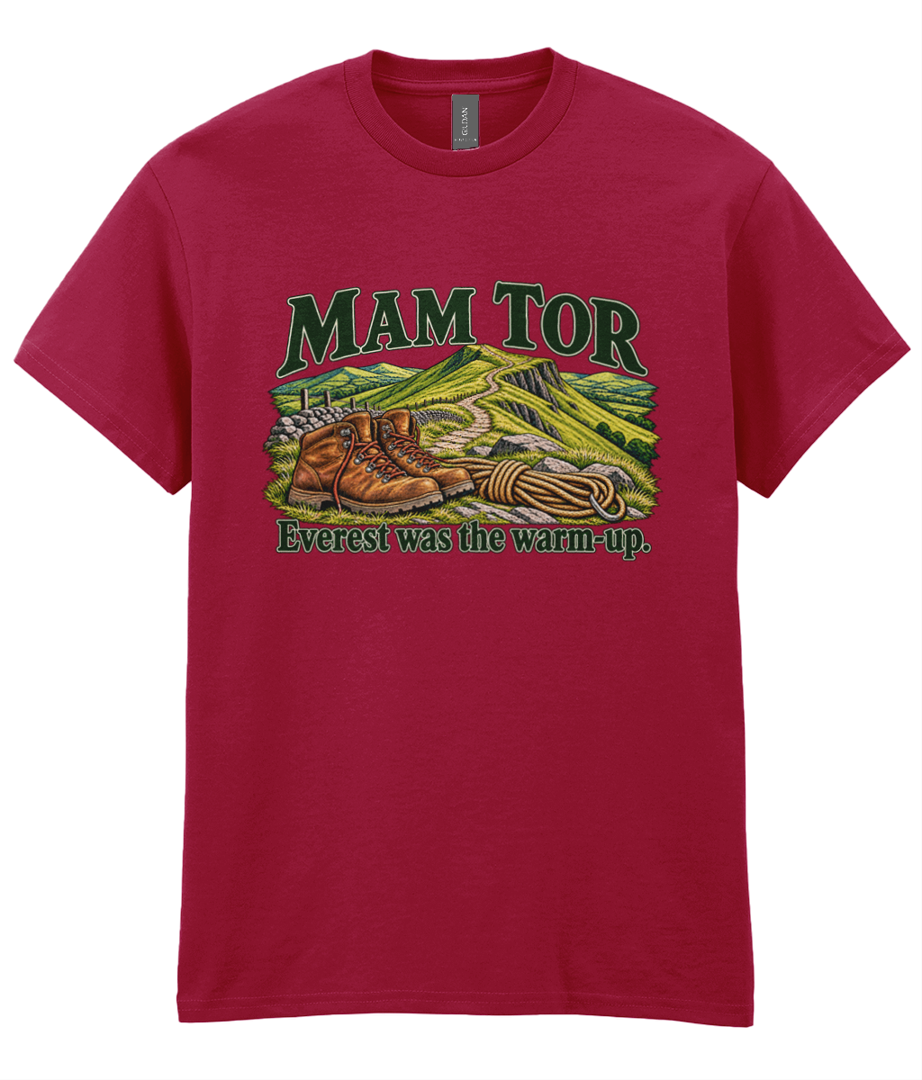 Front view of the Uphill Society Mam Tor – Everest Was the Warm-Up T-Shirt, featuring walking boots and a Mam Tor landscape with Everest was the warm-up lettering.