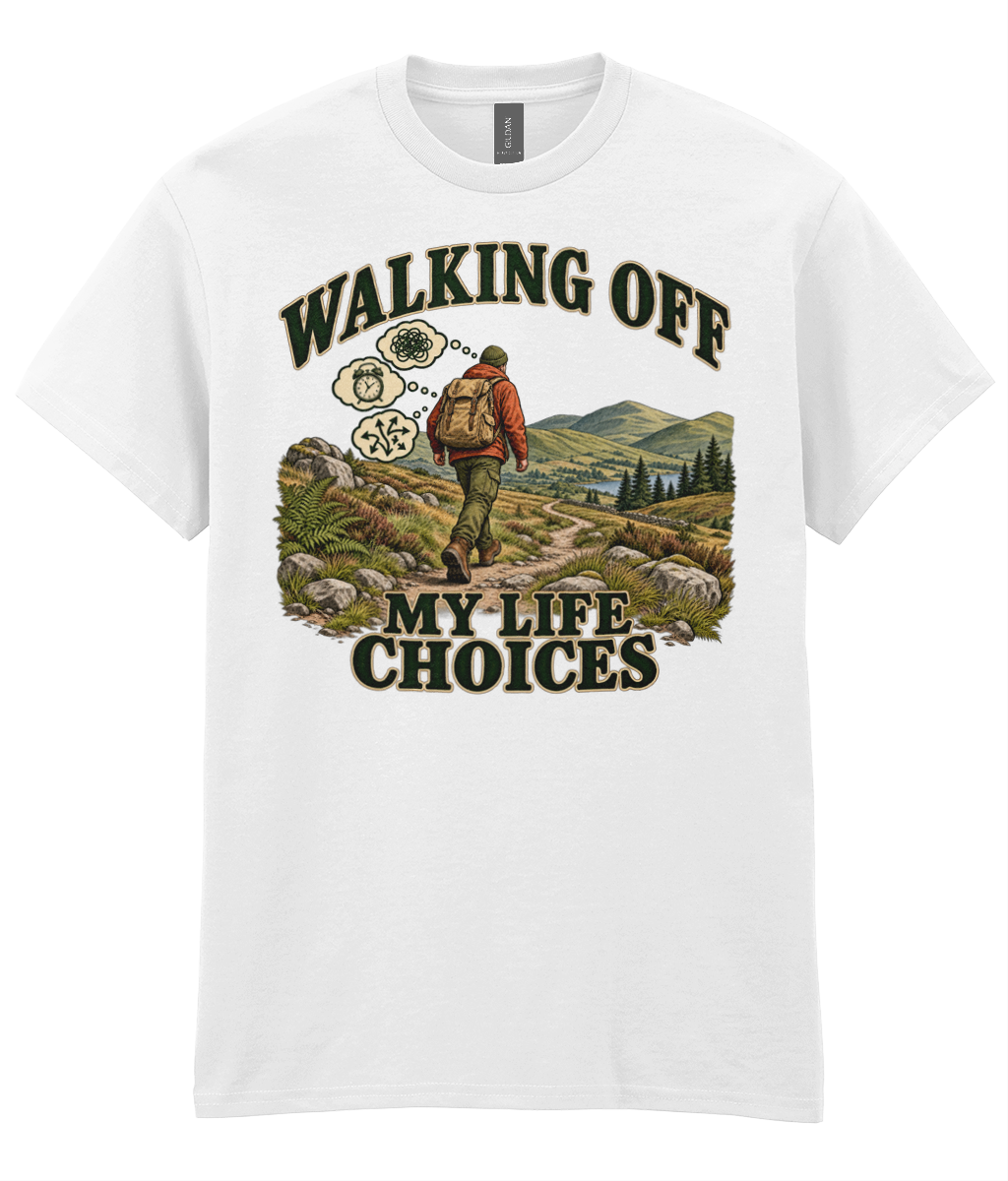 Front view of the Uphill Society Walking Off My Life Choices T-Shirt, featuring backpacked hiker in rolling countryside with Walking Off My Life Choices lettering.