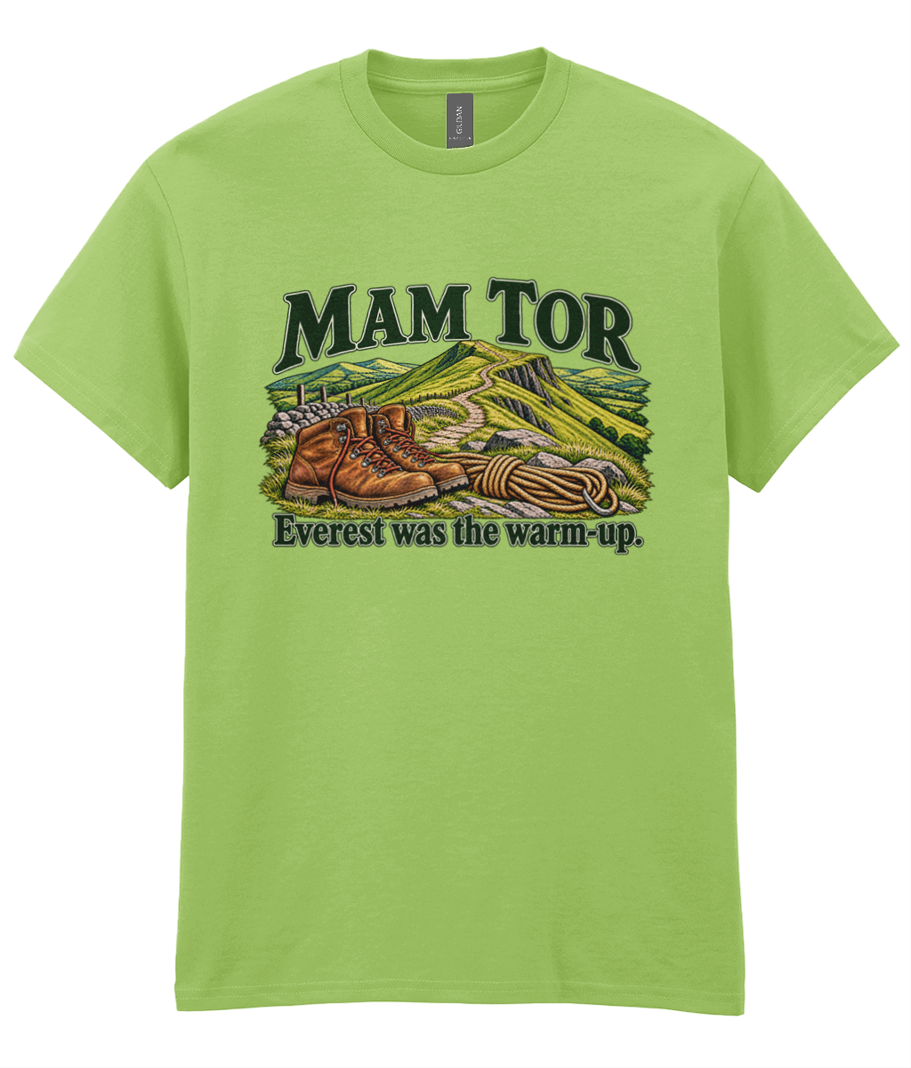 Front view of the Uphill Society Mam Tor – Everest Was the Warm-Up T-Shirt, featuring walking boots and a Mam Tor landscape with Everest was the warm-up lettering.