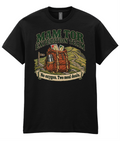 Front view of the Uphill Society Mam Tor Expedition Team T-Shirt, featuring hiking backpack and boots with Mam Tor Expedition Team and No oxygen Two meal deals lettering.