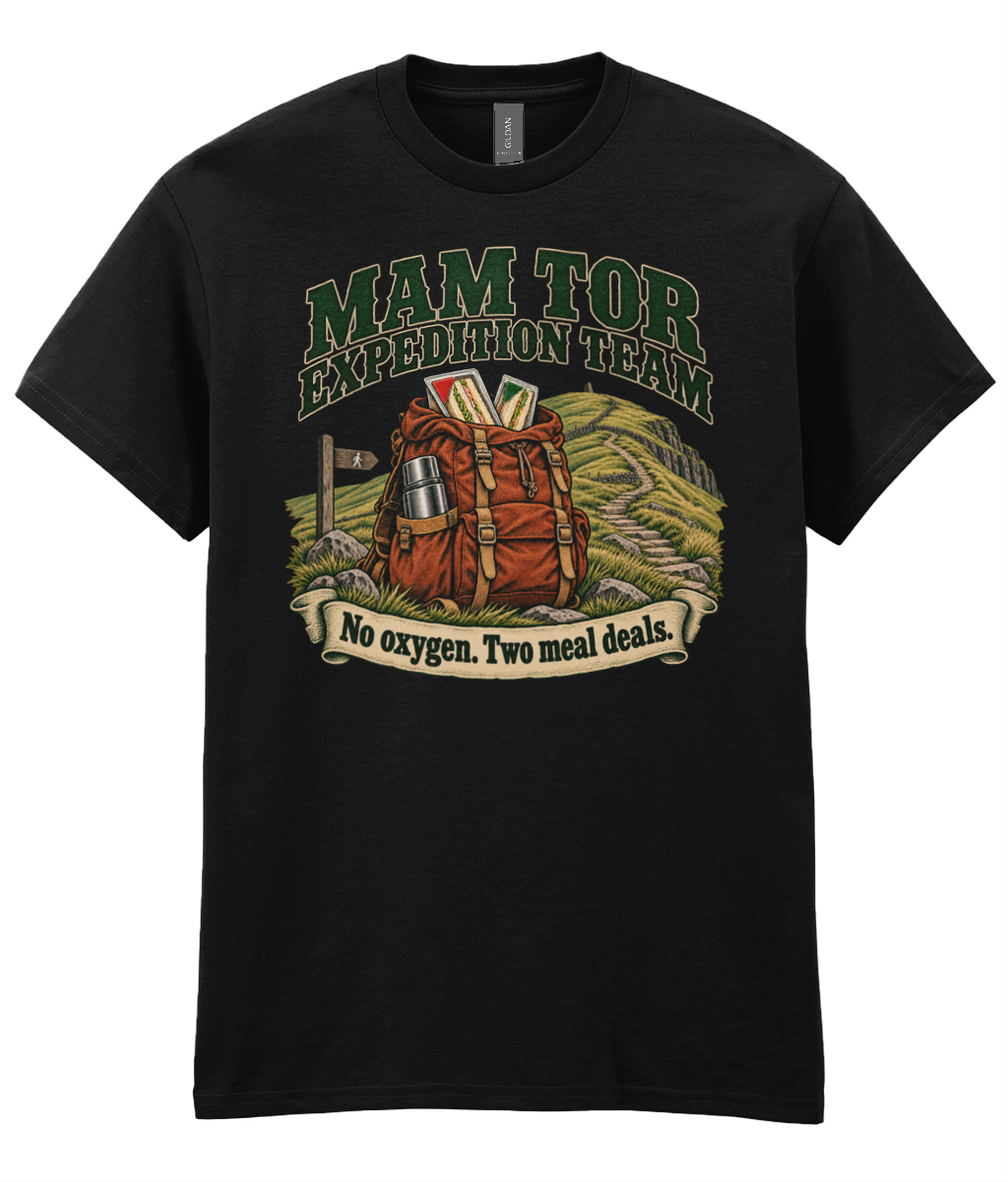 Front view of the Uphill Society Mam Tor Expedition Team T-Shirt, featuring hiking backpack and boots with Mam Tor Expedition Team and No oxygen Two meal deals lettering.