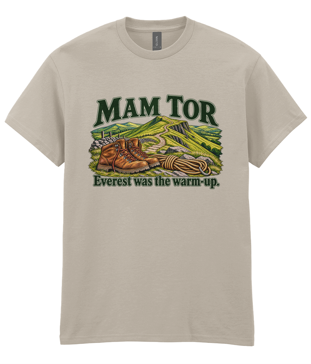 Front view of the Uphill Society Mam Tor – Everest Was the Warm-Up T-Shirt, featuring walking boots and a Mam Tor landscape with Everest was the warm-up lettering.